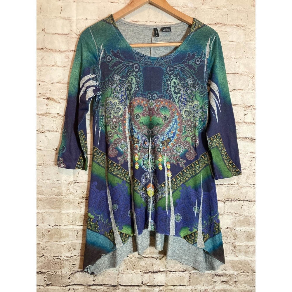 New Directions Boho Top Womens Large Teal Blue Paisley Asymmetric Hem Boho Hippy